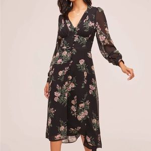 ASTR The Label Button Bodice Floral Midi Dress Size Small Black